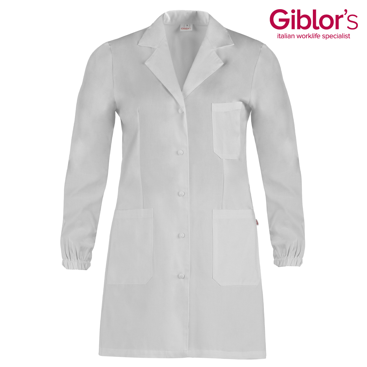 GIBLOR'S COD. HW1/MIL - Camice LABORATORIO DONNA, PER STUDENTI, bianco, collo revers, BOTTONI AUTOMATICI, manica lunga con ELASTICO AL POLSO.