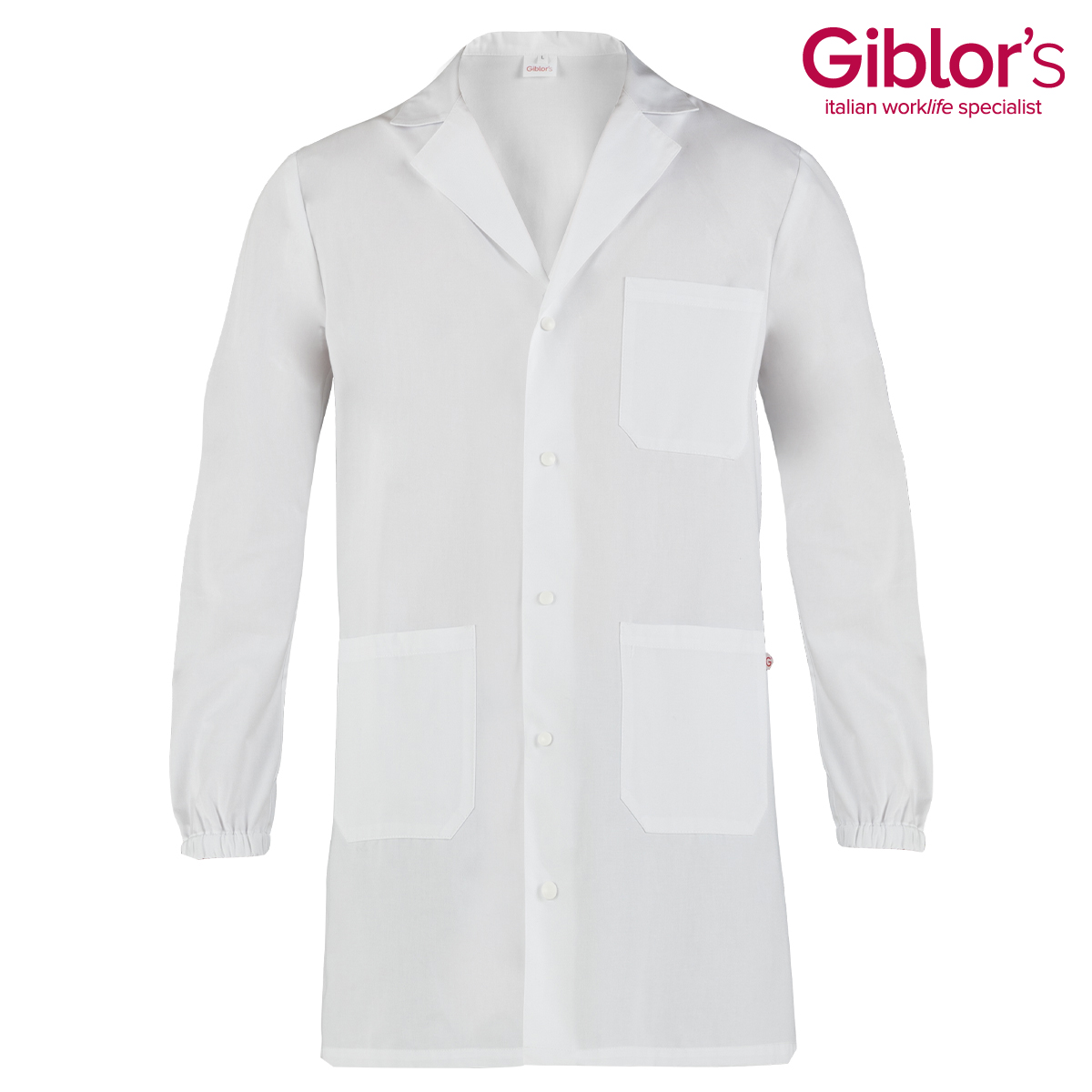 GIBLOR'S COD. HW1/MIK - Camice LABORATORIO UOMO, PER STUDENTI, bianco, collo revers, BOTTONI AUTOMATICI, manica lunga con ELASTICO AL POLSO.