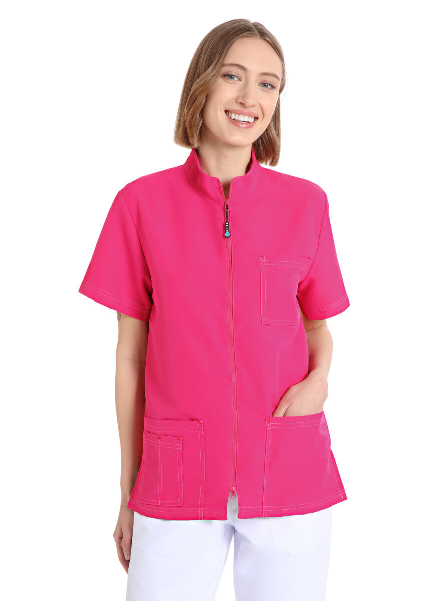 QUICK COD. 2/NEX-07 - Casacca medico sanitaria unisex MICROFIBRA NO STIRO, collo coreana, mezza manica, zip intera, FUCSIA